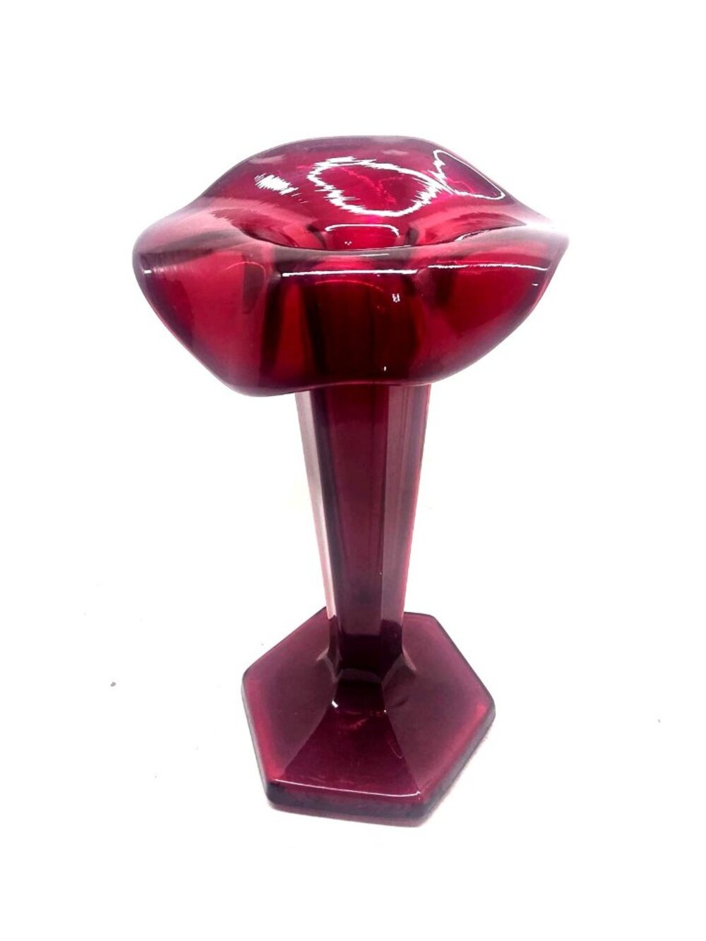 Vintage Ruby Red Glass Pedestal Vase with Flared Top & Hexagonal Base